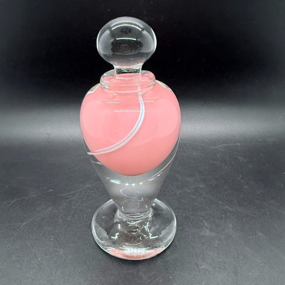Pink & White Swirl Blown Art Glass Perfume Bottle with Stopper Signed Toby McGee